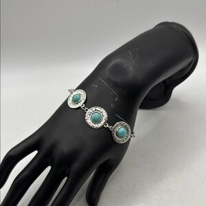 Silver Tone Turquoise Blue Bracelet Charm Jewelry Circular Boho Hammered Chain